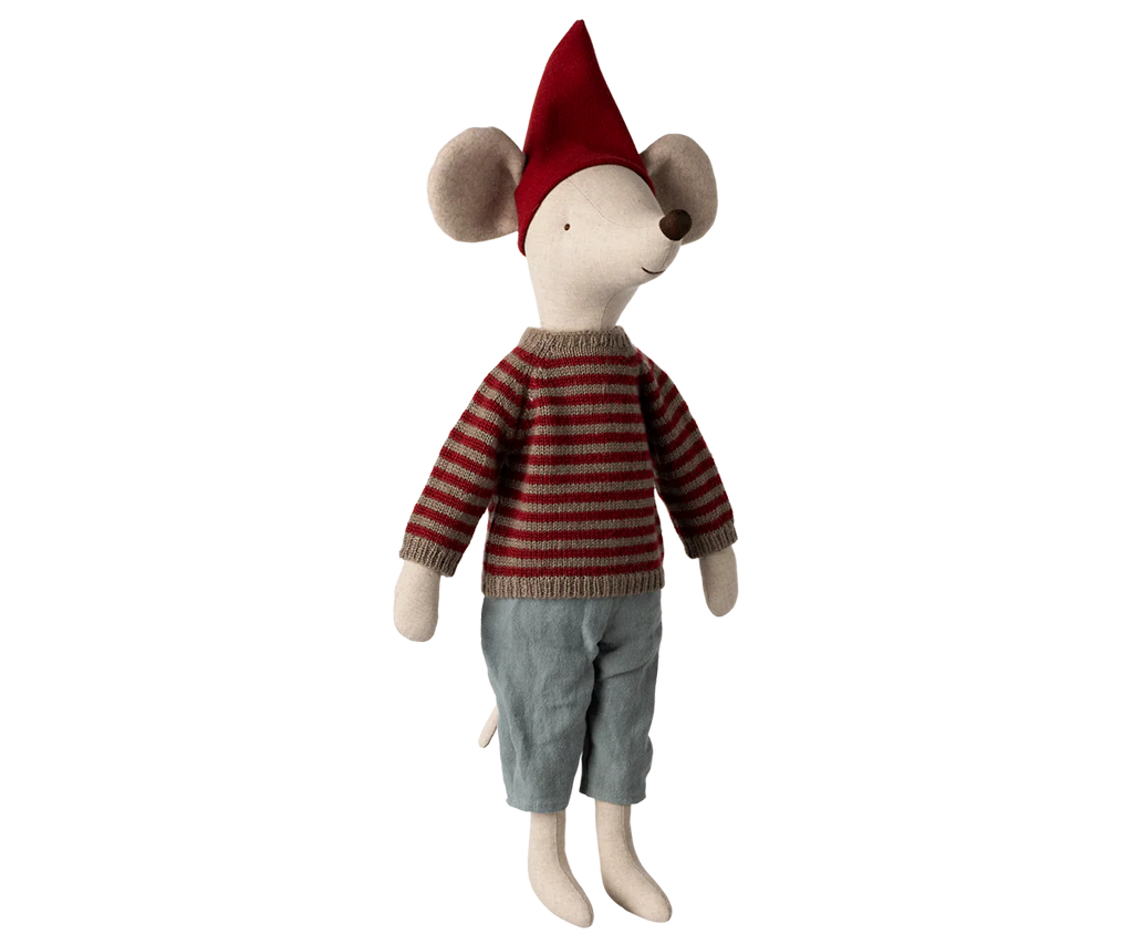 The PRE-ORDER: Maileg Christmas Mouse, Maxi - Boy features a linen cotton plush design with a red pointed hat, red and gray striped sweater, and light blue pants. Estimated arrival is early September.