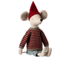 The Maileg Christmas Maxi Mouse is a stuffed toy adorned with a cozy red and gray striped sweater and a festive Christmas hat, sitting upright. Its prominent features include large, round ears and a long snout, giving it an adorable, whimsical look.