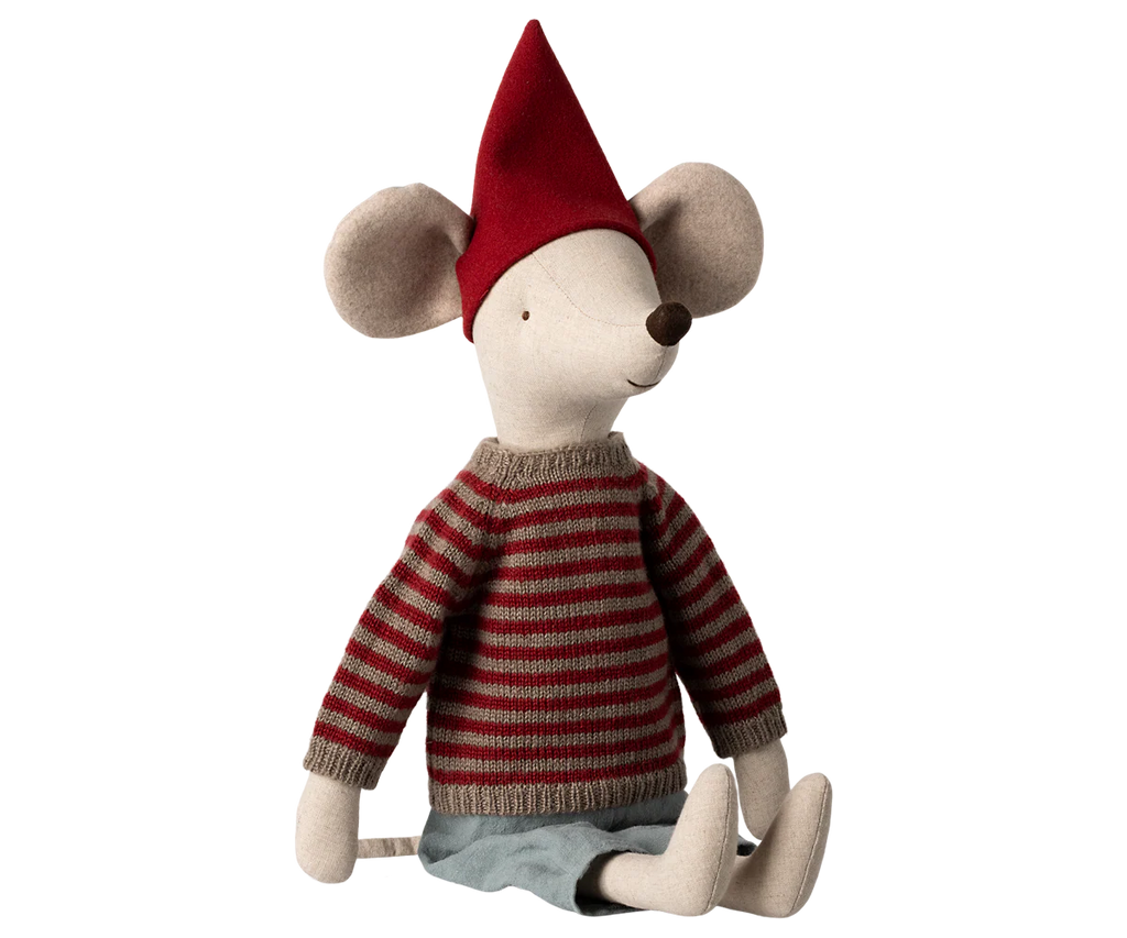 PRE-ORDER: Maileg Christmas Mouse, Maxi - Boy, dressed in a red and gray striped sweater, blue skirt, and tall red pointed hat, sits upright on a plain white background. Estimated arrival early September.