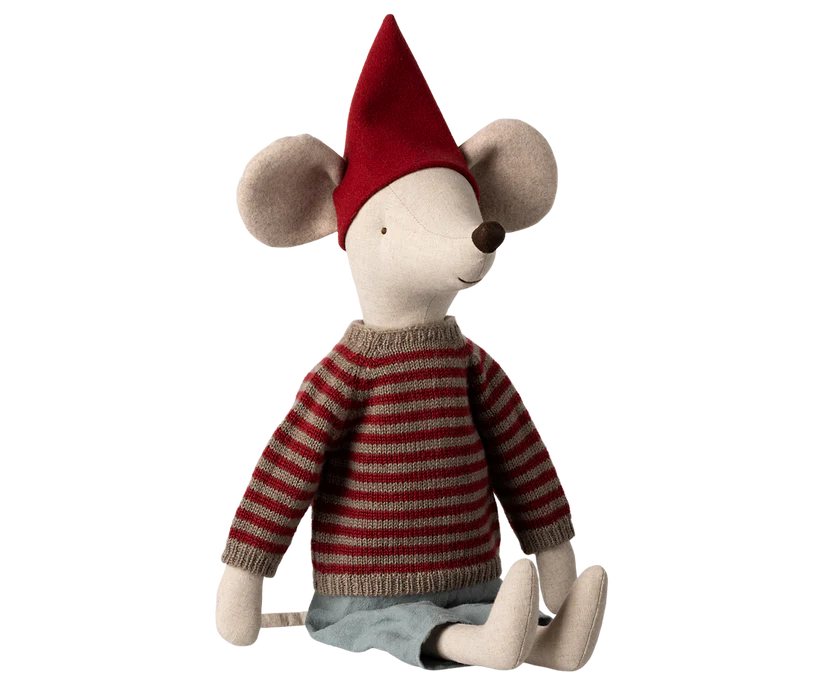 The Maileg Christmas Maxi Mouse is a stuffed toy adorned with a cozy red and gray striped sweater and a festive Christmas hat, sitting upright. Its prominent features include large, round ears and a long snout, giving it an adorable, whimsical look.