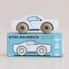 A wooden pony car, the No. 17 GT95 Maverick made in England, sits atop its matching blue box adorned with sustainability and safety icons—a beloved classic reimagined with timeless style and eco-friendly craftsmanship.