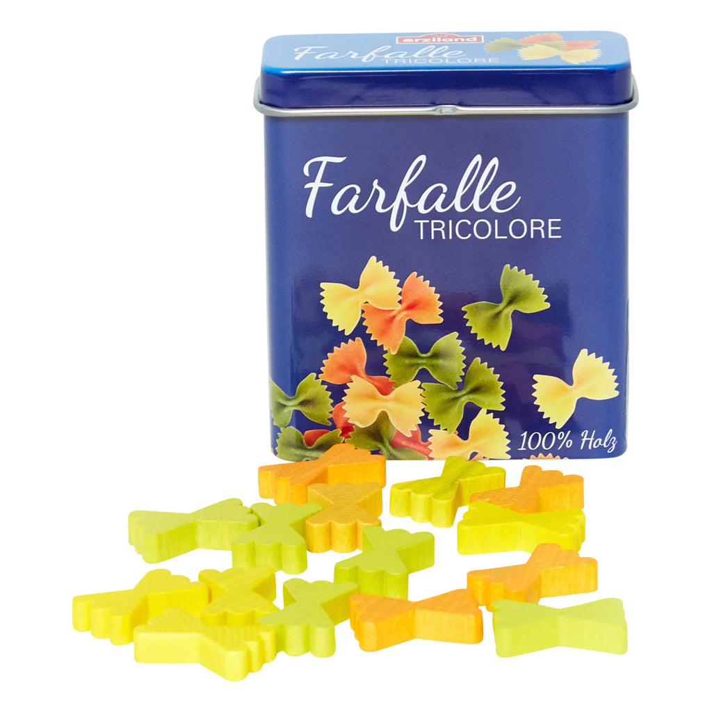 The Erzi Farfalle Pasta Pretend Food comes in a blue tin labeled "Farfalle Tricolore," featuring colorful wooden bowtie pasta pieces for imaginative play. The tin shows tricolor farfalle and the text "100% Holz.