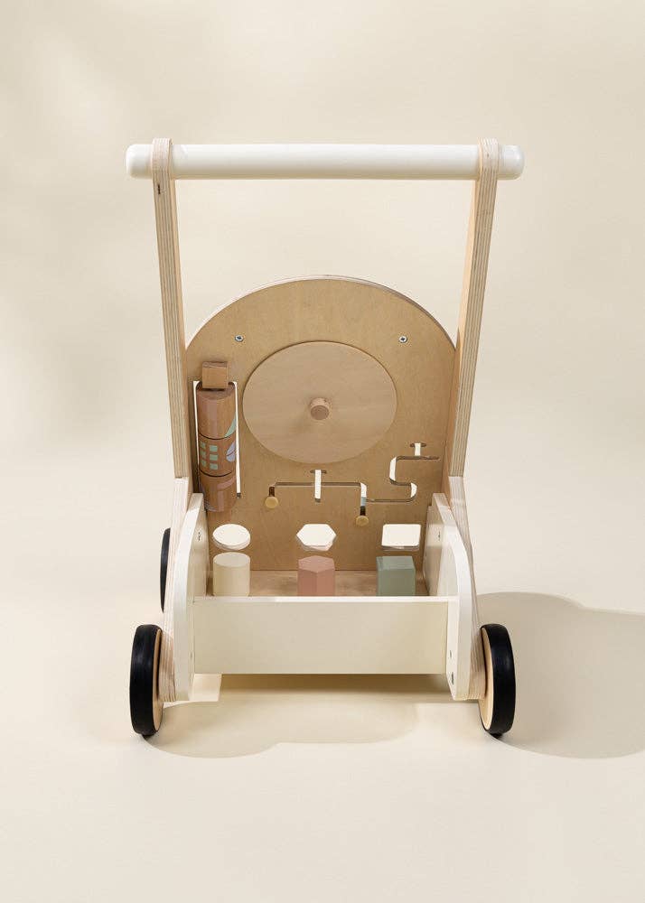 The Wooden Activity Walker, featuring a spinning wheel, shape sorter blocks, and four black wheels, is photographed against a cream background.