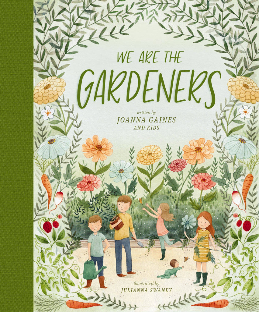 The illustrated cover of "We Are The Gardeners" features the Gaines family’s gardening adventures among vibrant flowers and plants, all framed by a green leafy border.
