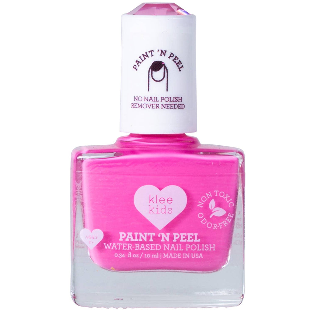 A bottle of Klee Kids Water-Based Nail Polish Set - Starry Sky Kiss, featuring bright pink water-based nail polish with a white cap, “Paint ’n Peel” text, and a heart icon on the front label.