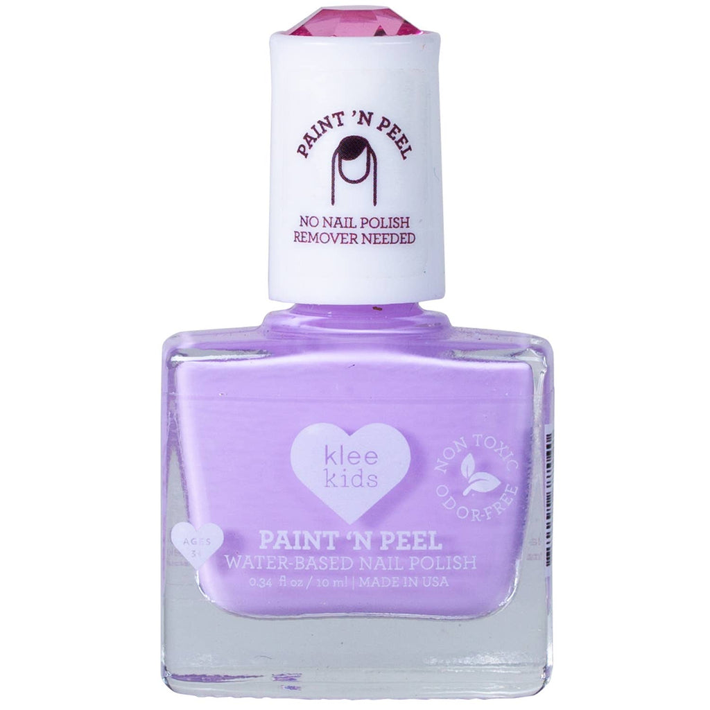 Klee Kids Water-Based Nail Polish Set - Starry Sky Kiss, a bottle of light purple, water-based nail polish with a white cap and a pink crystal topper.