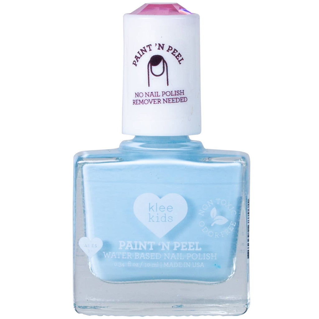 A bottle of light blue Klee Kids Water-Based Nail Polish Set - Starry Sky Kiss peel-off nail polish with a white cap labeled “Paint ’n Peel.”