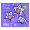 Klee Kids Water-Based Nail Polish Set - Starry Sky Kiss, a box set of three kid-friendly, water-based nail polishes in shades of pink, purple, and blue, packaged with star-shaped windows.