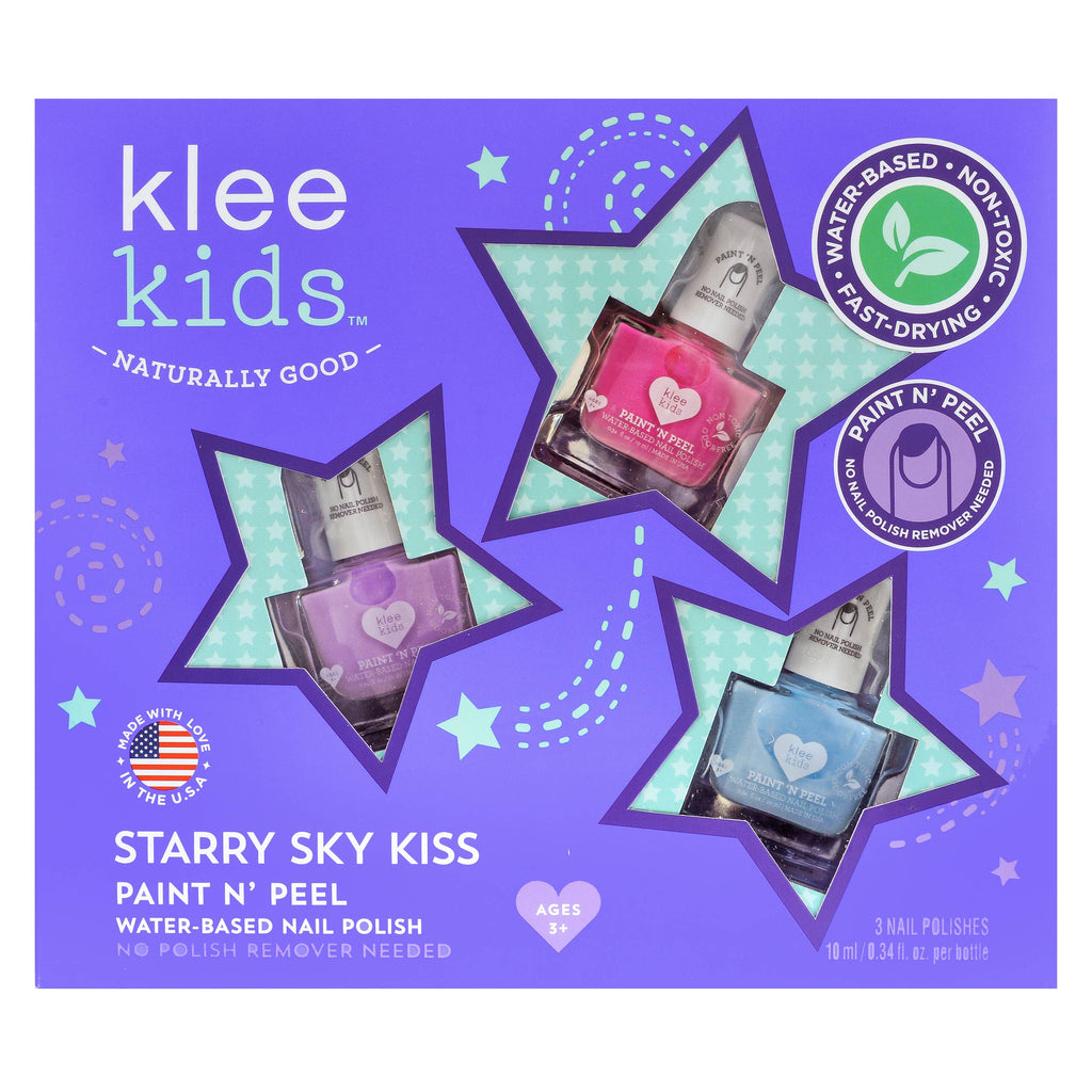 Klee Kids Water-Based Nail Polish Set - Starry Sky Kiss, a box set of three kid-friendly, water-based nail polishes in shades of pink, purple, and blue, packaged with star-shaped windows.