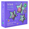 Klee Kids Water-Based Nail Polish Set - Starry Sky Kiss in a purple gift box, featuring three bottles of kid-friendly, water-based nail polish in pink, purple, and blue.