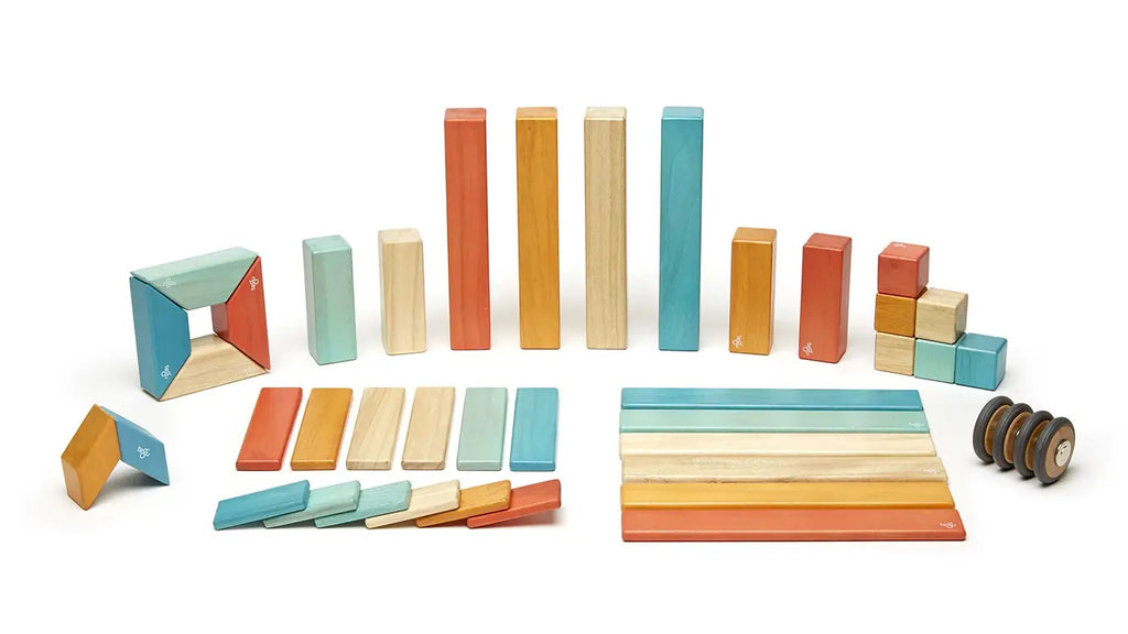 A variety of colorful Tegu 42 Piece Magnetic Wooden Block Set - Sunset in different shapes and sizes, featuring magnetic wheels, arranged neatly on a white background.