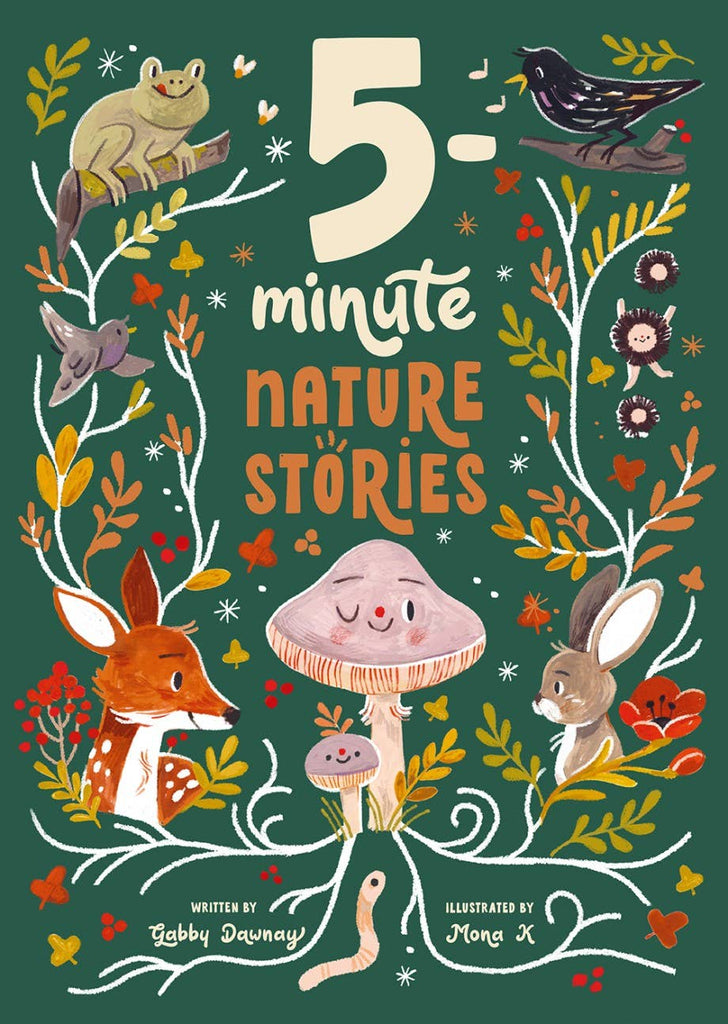 The "5-Minute Nature Stories (Hardcover)" book cover displays illustrated animals—frog, bird, fox, mushroom, rabbit, snail, and worm—among leaves, flowers, and vines. Written by Gabby Dawnay and illustrated by Mona K., perfect for reading aloud.