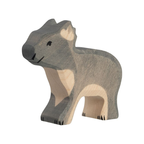 The Holztiger Koala, Standing is a handcrafted wooden toy painted in gray, black, and beige with simple details. Part of the charming HOLZTIGER figures collection and made in Europe.