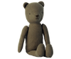 A Maileg Teddy Family Set - Gift Wrapped with a vintage look, featuring a simple stitched face and limbs positioned straightly, isolated on a black background.