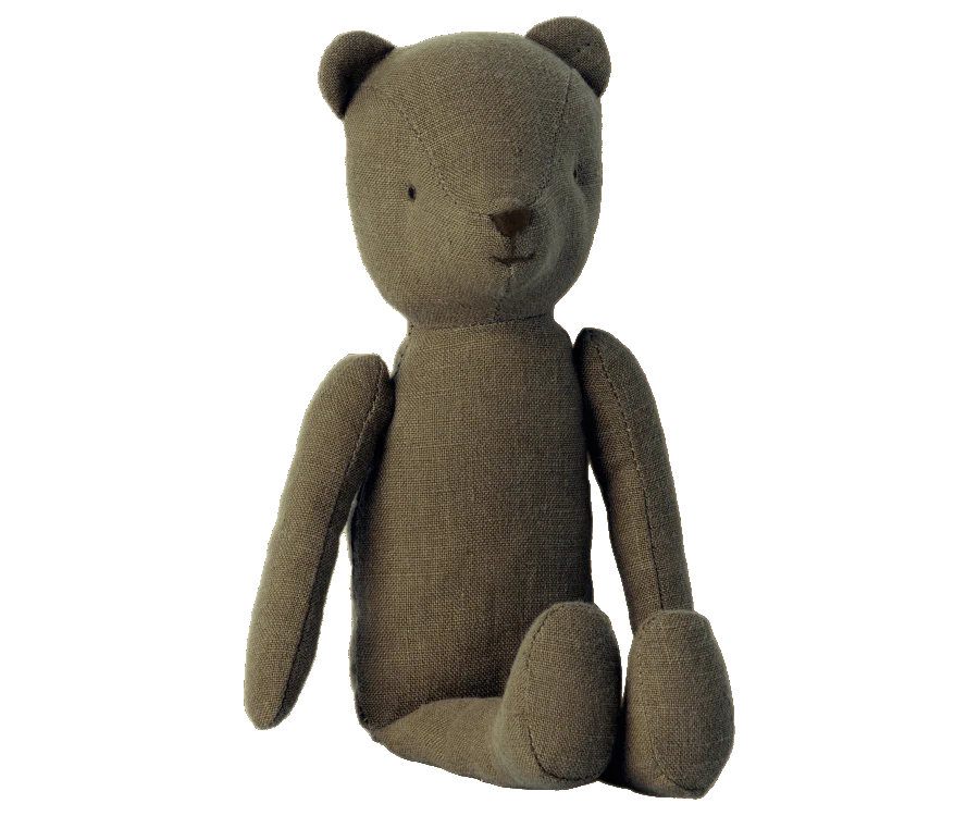 A Maileg Teddy Family Set - Gift Wrapped with a vintage look, featuring a simple stitched face and limbs positioned straightly, isolated on a black background.