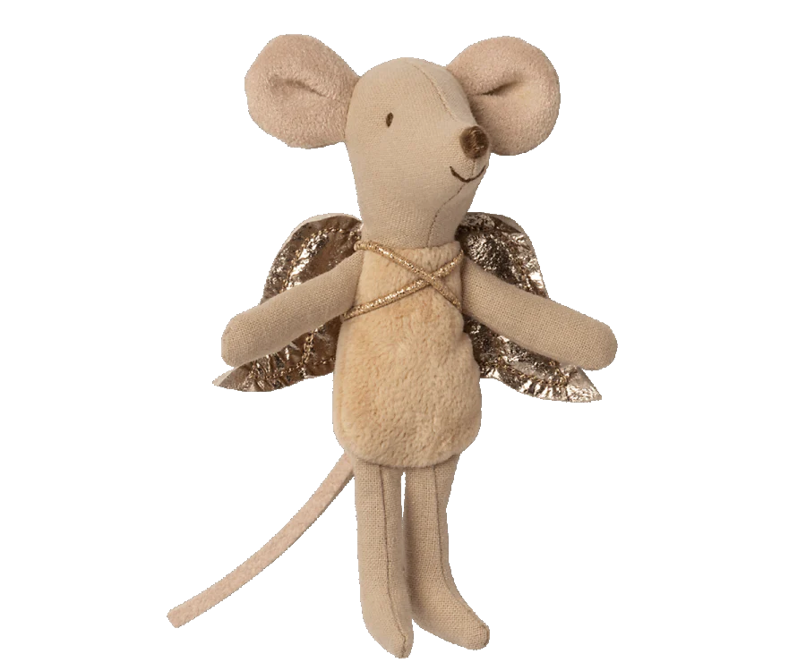 A Maileg Fairy Angel Mouse - Powder with golden angel wings, a beige body, a brown nose, and a thin tail, standing upright against a black background.