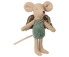 A cute stuffed toy mouse with large ears, wearing a teal green dress and golden fairy wings. This Maileg Fairy Angel Mouse - Mint has a long tail and simple stitched features, including a small nose and eyes, perfect for bringing magical moments to any child's imagination.