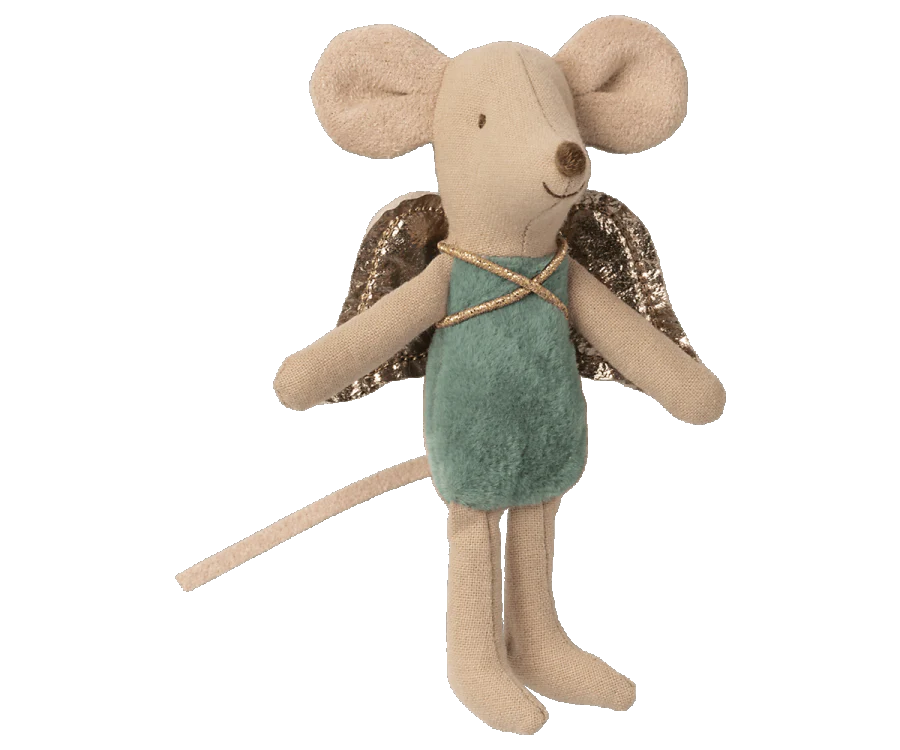 A cute stuffed toy mouse with large ears, wearing a teal green dress and golden fairy wings. This Maileg Fairy Angel Mouse - Mint has a long tail and simple stitched features, including a small nose and eyes, perfect for bringing magical moments to any child's imagination.