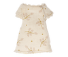 A cream-colored, off-the-shoulder mini dress with a floral pattern and delicately scalloped hem, designed for a pyjamas party, displayed on a plain black background.ござMaileg Extra Clothing: Nightgown For Little Sister Mouse