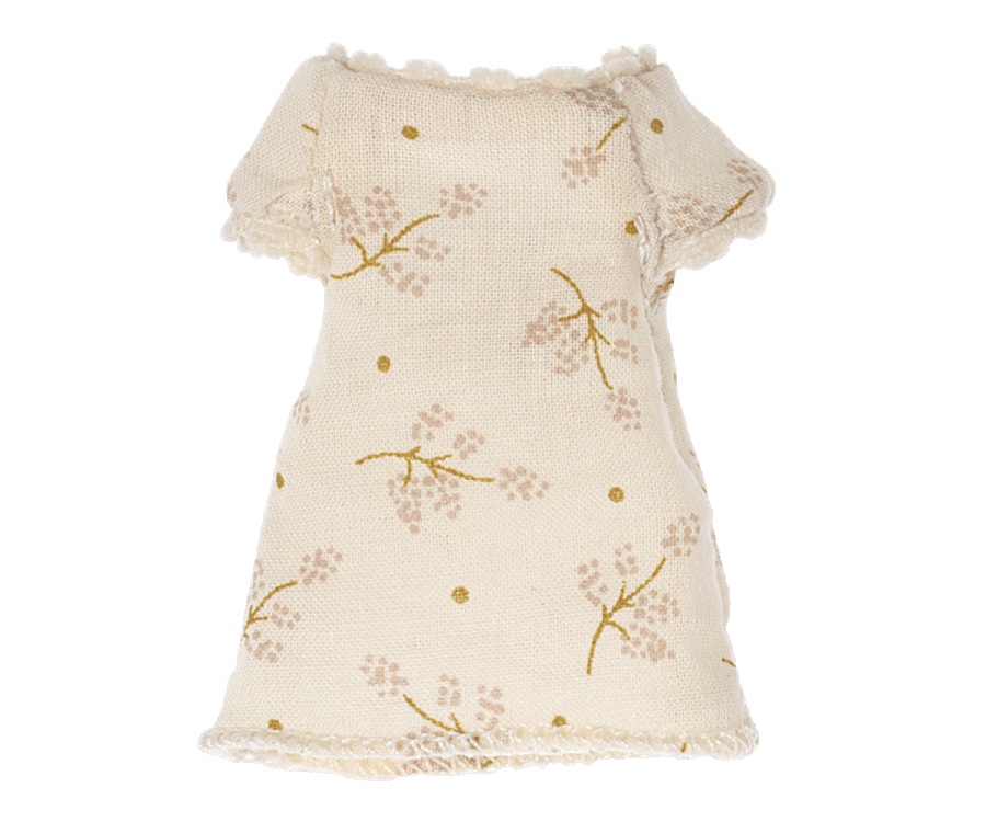The Maileg Little Rabbit’s Bathroom Set includes a charming cream-colored dress with short sleeves, featuring a delicate floral pattern in light brown and gold dots, finished with lace trim for Maileg Mouse.