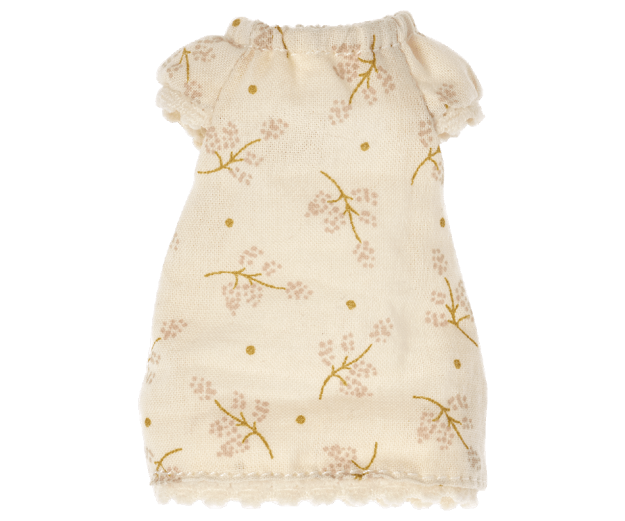 A small white Maileg Extra Clothing: Nightgown For Big Sister Mouse with short ruffled sleeves featuring a pattern of light pink and green floral branches, perfect for a pyjamas party. The nightgown has a scalloped hem at the bottom, making it ideal for your big sister mouse.