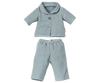 Maileg Extra Clothing offers a set of children's striped pajamas in light blue, consisting of a long-sleeved button-up top with a collar and matching pants with an elastic waistband. This cozy outfit, perfect for any Teddy Dad fan, can be purchased separately to ensure the right fit for every child.