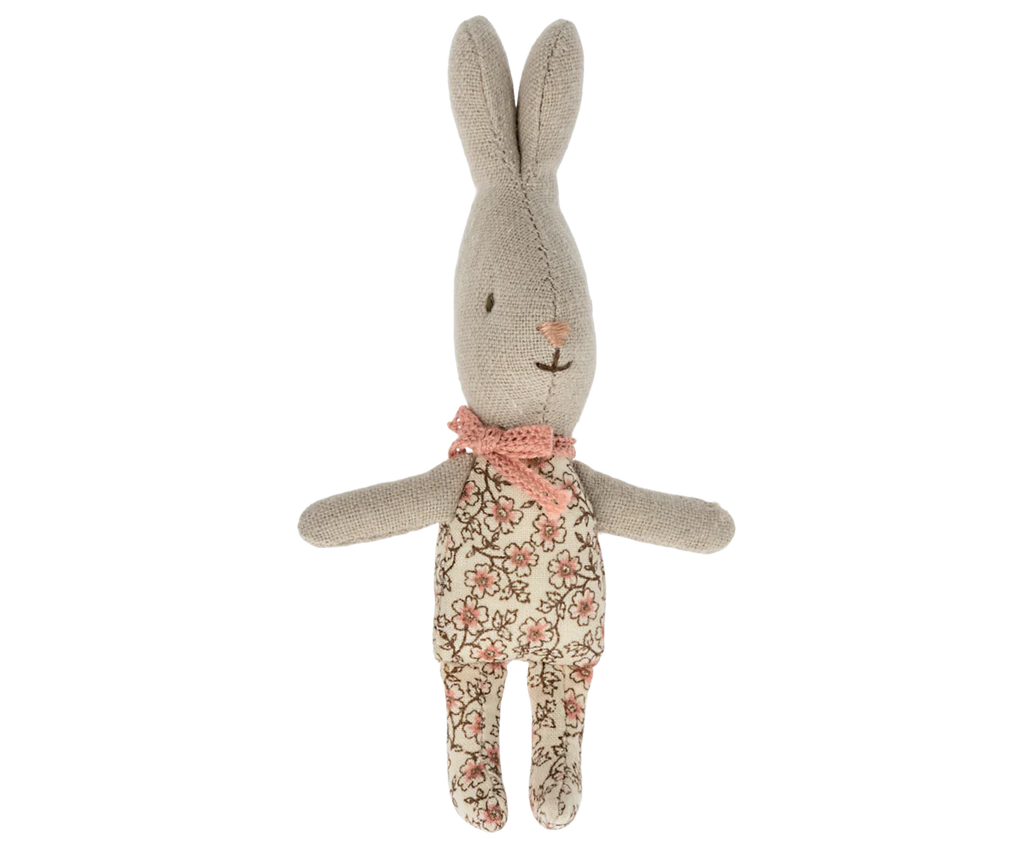 The Maileg My Rabbit - Rose is a small cotton linen toy with a grey fabric head and arms, floral-patterned body and legs, upright ears, stitched facial details, and a pink polka-dot ribbon around its neck.