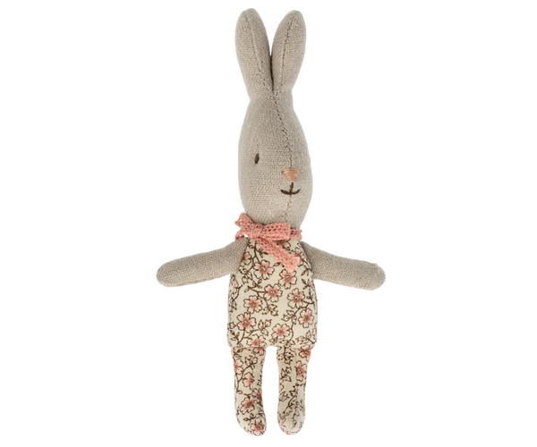 The Maileg My Rabbit - Rose is a small cotton linen toy with a grey fabric head and arms, floral-patterned body and legs, upright ears, stitched facial details, and a pink polka-dot ribbon around its neck.