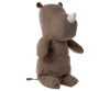 The Maileg Rhino, Medium - Light brown, is a plush stuffed rhinoceros with a small white horn and tiny ears, shown sitting upright against a plain white background.