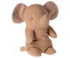 A Maileg Small Elephant with large floppy ears and tiny black eyes sits against a white background. The ears feature a pattern of pink polka dots. This huggable friend is crafted in the softest fabric, making it perfect for cuddles.