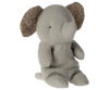 A Maileg Small Elephant plush toy with the softest grey fabric and patterned inner ears, sitting isolated on a white background.