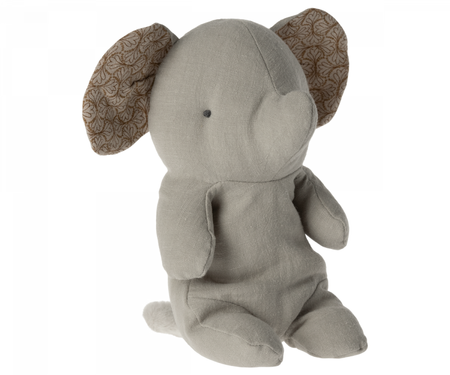 A Maileg Small Elephant plush toy with the softest grey fabric and patterned inner ears, sitting isolated on a white background.
