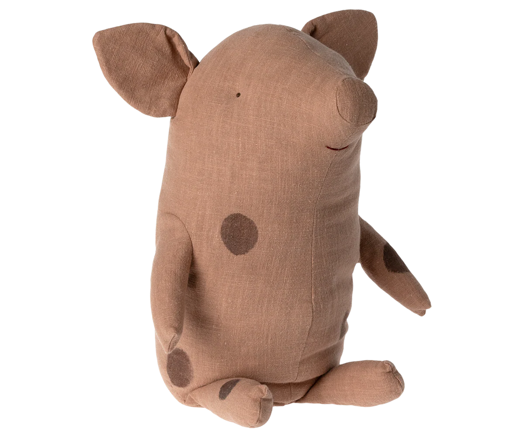 Soft and cuddly, the PRE-ORDER: Maileg Truffle pig, Big - Vintage rose (arriving early September) features large ears, a small snout, and dark brown spots as it sits upright against a white background.