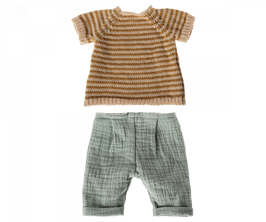 A charming children's outfit from our clothes collection featuring a brown and white striped short-sleeve knit top paired with light green crinkled cotton pants with an elastic waistband. Laid flat against a white background, Maileg Rabbit Size 3, Classic - Knitted Shirt and Pants is made from soft natural fabrics perfect for little ones.