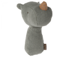 A Maileg Lullaby Friend Rattles, Rhino - Pine resembling an armadillo, made from soft, textured grey fabric with a pointed nose and small black eyes. It has brown accents on its nose and a small tag. Perfect for babies, this delightful toy even features a gentle rattle sound when shaken.