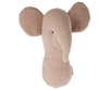 A Maileg Lullaby Friend Rattles, Elephant - Rose with a simple design. The light pink body and large ears feature unique prints in a pink and white checkered fabric. The elephant's trunk is slightly curved, and it has two small black dots for eyes.