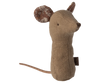 The Maileg Lullaby Friend Rattles, Mouse Rattle - Light Umber is a charming fabric mouse plush toy standing upright, featuring beige and brown floral-patterned ears, a stitched nose and eyes, and a long thin tail. Made from soft fabrics with a burlap-like texture for a rustic, handmade look, this delightful toy can also double as an adorable baby rattle.