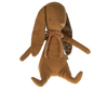 A soft bunny with long floppy ears, one of which has floral fabric on the inner side. The Maileg Bunny - Ocher, made from recycled polyester, features a small stitched nose and eyes, with a burlap ribbon tied in a bow around its neck. It has outstretched arms and legs.