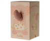 A light brown cardboard baby gift box with an illustration of a cute elephant holding a polka-dot apron on its front. The box has a soft, pink stuffed trunk protruding from the front and is labeled with the brand name "Maileg Lullaby Friends - Elephant - Old Rose (Plays Music)" and some playful text, making it perfect for lullaby friends.