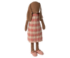 Maileg Bunny, Size 3 - Chocolate Brown, dressed in a pink and white plaid dress with matching checkered shoes, features long floppy ears and is crafted from natural fabrics.