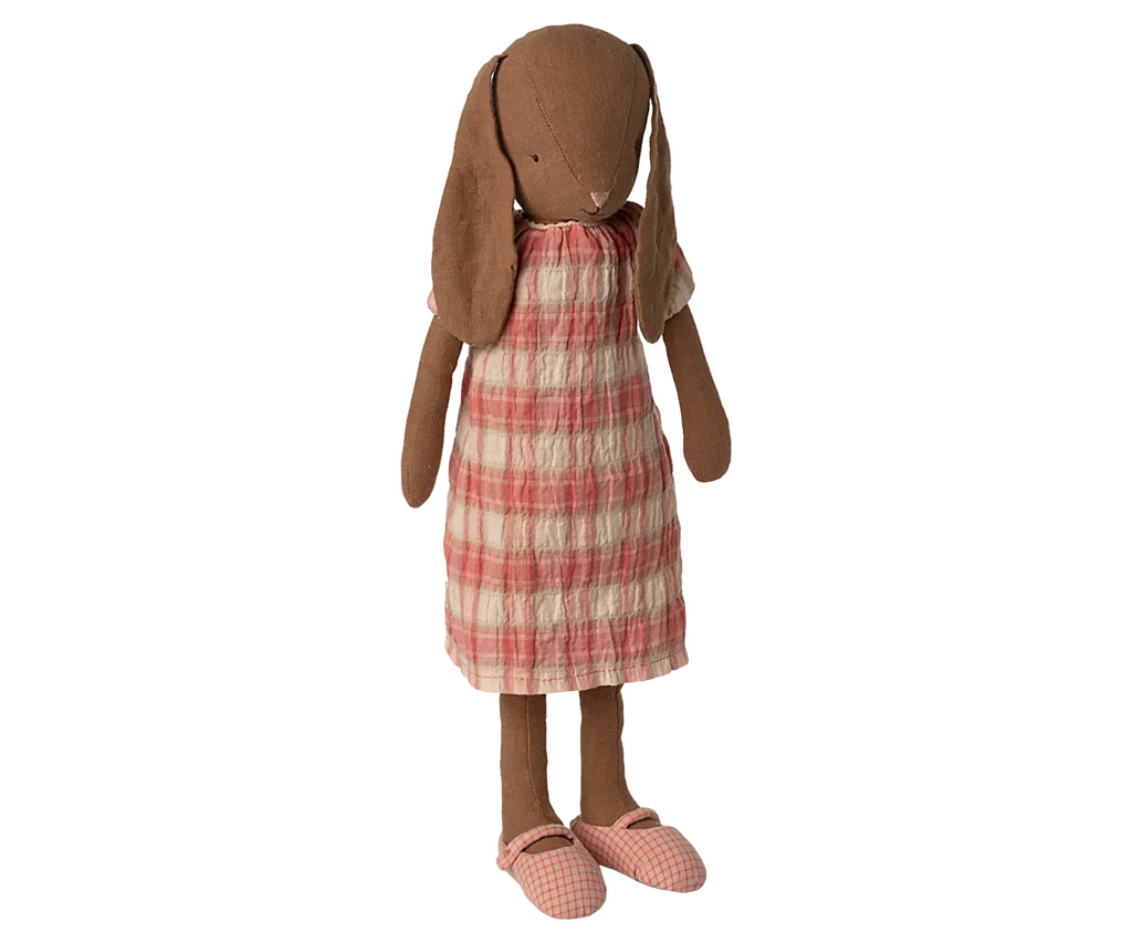 Maileg Bunny, Size 3 - Chocolate Brown, dressed in a pink and white plaid dress with matching checkered shoes, features long floppy ears and is crafted from natural fabrics.