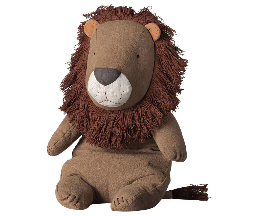 Part of the Safari Friends Collection, the Maileg Big Lion stuffed animal boasts a fluffy brown mane and soft brown body. With an embroidered face, black nose, and round ears, it's perfectly cuddly. Available for pre-order now, shipping in February.