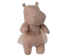 The Maileg Small Hippo With Skirt Stuffed Animal - Soft Rose stands upright against a neutral background, showcasing its plush design, soft rose color, and delicate polka dot ballerina skirt from the Safari friends collection.