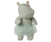 The Maileg Small Hippo With Skirt Stuffed Animal in mint is a soft, light green plush hippo with small dotted ears and a sheer pale green ballerina skirt.