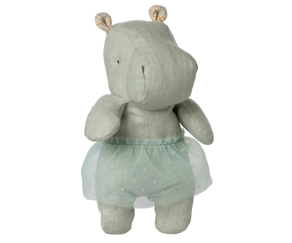 The Maileg Small Hippo With Skirt Stuffed Animal in mint is a soft, light green plush hippo with small dotted ears and a sheer pale green ballerina skirt.