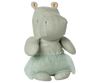 The Maileg Small Hippo With Skirt Stuffed Animal - Mint is a soft, light green hippo from the Safari Friends collection, dressed in a pale blue dotted ballerina skirt with patterned-ear lining and stitched facial details.