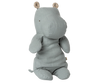 The Maileg Medium Hippo Stuffed Animal in blue, from the Safari friends collection, features soft linen fabric, simple stitched eyes, and small round ears with striped accents. The hippo sits upright against a plain background.