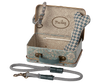 The Maileg Puppy Supply Accessories - Blue features a small metal suitcase with a charming print, a blue and white checked fabric bone, and a matching leash with brass clasp—perfect for your plush dog.