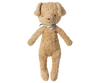 The Maileg Poodle Dog, Vintage Plush in Soft Sand stands upright against a plain background, featuring a textured light brown design and a blue and white plaid bow around its neck.