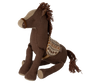 The Maileg Pony, Small is a soft brown plush toy made from cotton/linen, featuring a patterned saddle, light snout, and sits upright with a brown yarn mane and tail.